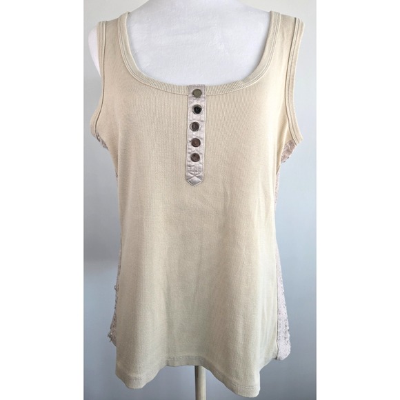 Tribal Tops - Tribal Lace Tank Top Ribbed Knit Henley Round Neck Pastel Yellow Beige Quiet Lux